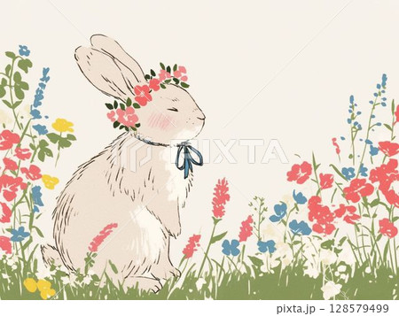 春の野原でくつろぐうさぎのイラスト 128579499