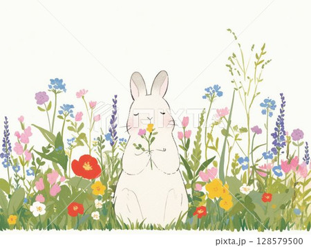 花を抱える白うさぎの癒しイラスト 128579500