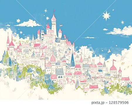 星降る夜とお城の幻想イラスト 128579506