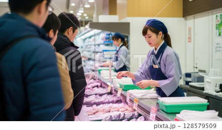 スーパーの鮮魚コーナーでお客様の対応をする女性店員 128579509