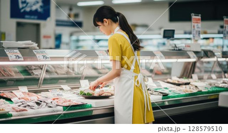 スーパーマーケットの鮮魚売り場で商品を準備する女性店員 128579510