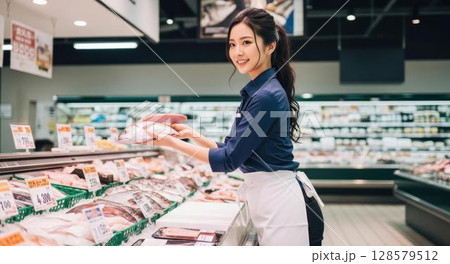 おすすめの魚を見せる魚屋の美しい女性スタッフ 128579512