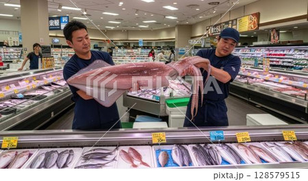 鮮魚コーナーで巨大なイカを持つ二人の魚屋スタッフ 128579515