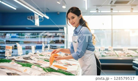 鮮魚コーナーでサーモンの切り身を陳列する女性店員 128579517