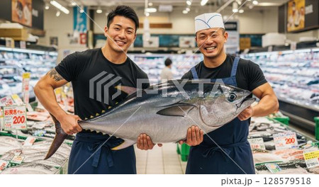 大きなマグロを二人で担ぐ元気な魚屋の男性店員 128579518