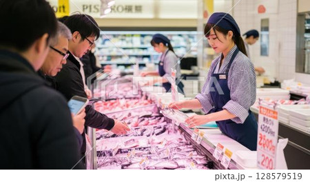 活気のある魚屋で働く女性スタッフと買い物客 128579519