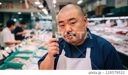 包丁を構え、鋭い視線を向ける魚屋の職人 128579522