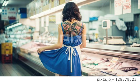 スーパーマーケットで働く背中に入れ墨のある女性 128579523