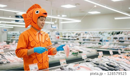 魚のコスチュームを着て働くスーパーの男性店員 128579525