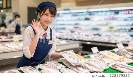 スーパーの鮮魚売り場で笑顔で手を振っている女性店員 128579527