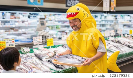 スーパーのイベントで男の子と触れ合う魚屋のスタッフ 128579528