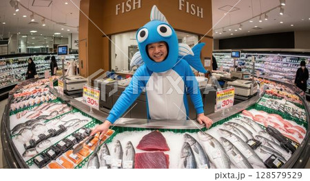 スーパーのセールで魚のコスチュームを着てアピールするスタッフ 128579529