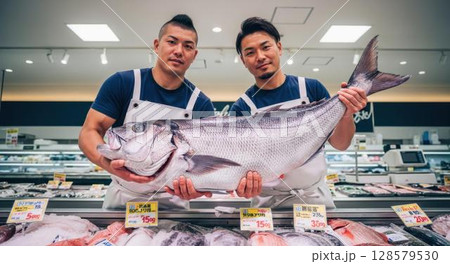 大きなスズキを誇らしげに持つ笑顔の魚屋スタッフ 128579530
