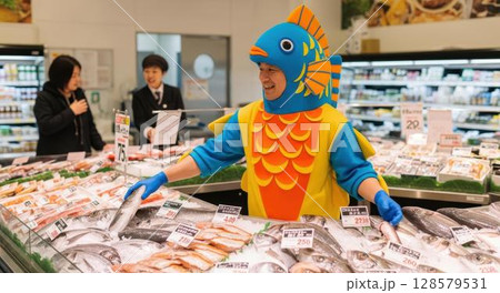 スーパーのイベントで魚のコスチュームを着て働く男性スタッフ 128579531