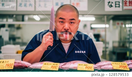 鮮魚コーナーで舌を出しておどける面白い男性スタッフ 128579533