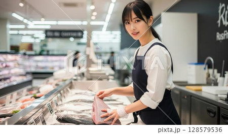 スーパーの鮮魚売り場でマグロを陳列する美しい女性店員 128579536