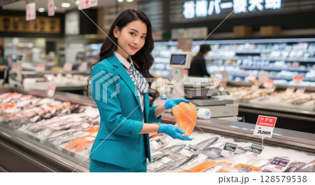 高級スーパーの鮮魚売り場でサーモンを持つエレガントな女性店員 128579538