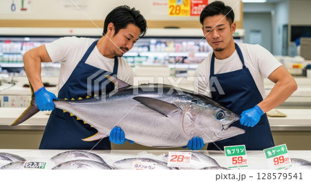 スーパーマーケットの鮮魚コーナーでマグロを陳列する二人の男性店員 128579541