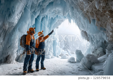 Adventurers explore icy cave with majestic ice formations in winter landscape 128579658