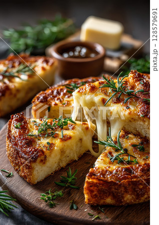 Savory cheesy garlic bread with melted mozzarella and fresh rosemary on rustic wooden board 128579691