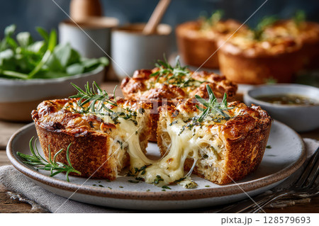 Melted cheese and herb-stuffed savory pastry on plate with fresh rosemary garnish 128579693