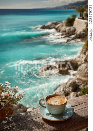 Serene coastal coffee break with ocean view and blossoming flowers on a sunny day Serene coastal coffee break with ocean view and blossoming flowers on a sunny day 128579725