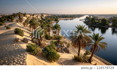 Serene desert oasis landscape featuring palm trees and tranquil river at sunset Serene desert oasis landscape featuring palm trees and tranquil river at sunset 128579729