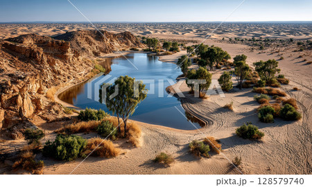 Serene desert oasis with sand dunes and reflective water in arid landscape 128579740