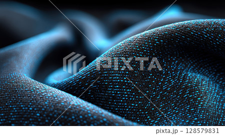 Close-up of blue fiber optic fabric texture background with illuminated threads in abstract wave pattern 128579831
