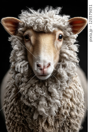 Close-up portrait of a fluffy sheep with curly wool on a black background 128579851