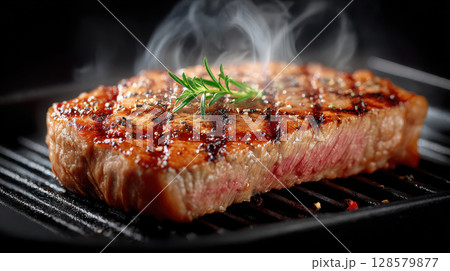 Juicy grilled steak with garnish on hot grill pan with smoke rising upwards Juicy grilled steak with garnish on hot grill pan with smoke rising upwards 128579877