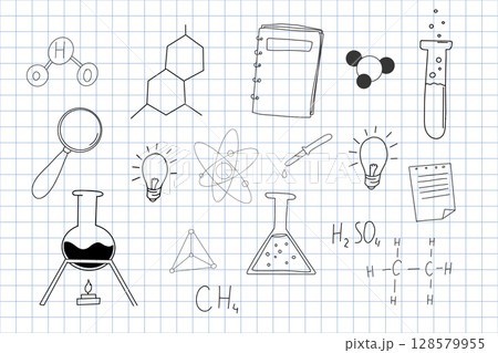Chemistry research hand drawn sketch doodle line icons. Flasks and tubes back to school elements. Education science lab drawing. Chemistry research hand drawn sketch doodle line icons. Flasks and tubes back to school elements. Education science lab drawing. 128579955