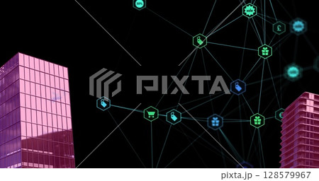 Image of digital network of connections with icons over pink 2d cityscape model 128579967