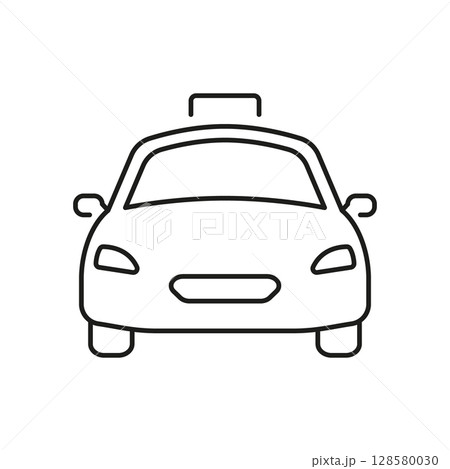 Taxi Front View Line Icon. Urban Transportation, Taxi Service, And Ride-Hailing Outline Symbol. Public Transport And Commuting. Editable Stroke. Isolated Vector Illustration 128580030