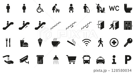 Public Facility And Amenities Solid Icon Set. Comprehensive Collection Of Silhouette Symbols For Navigation, Accessibility and Services In Public Spaces. Isolated Vector Illustration 128580034