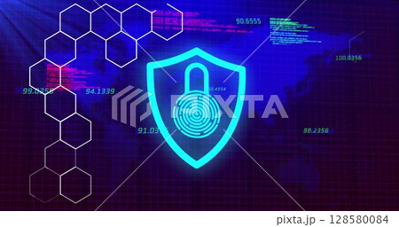 Cybersecurity shield is being shown in flat design grid interface, with fingerprint icon hexagons 128580084
