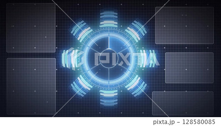 Central interface is glowing blue in flat HUD for tech with grid overlay and data panels 128580085
