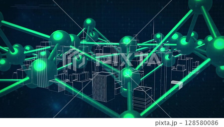 Neon-green network overlay is connecting wireframe city buildings in 3D render for technology 128580086