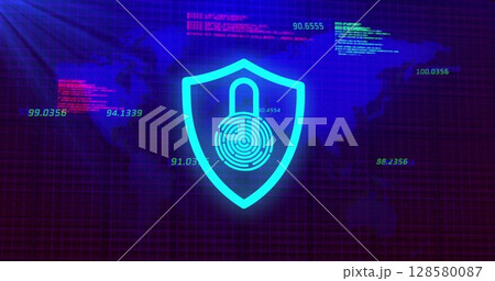 Digital security icon is glowing in cybersecurity flat design, with neon shield padlock fingerprint 128580087