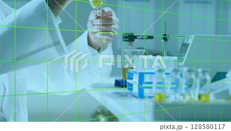 Senior scientist is handling glass vial in flat design technology lab, with test tube rack, laptop Senior scientist is handling glass vial in flat design technology lab, with test tube rack, laptop 128580117