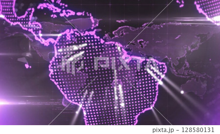 Stylized dotted map of South America is glowing with light beams in flat design tech interface Stylized dotted map of South America is glowing with light beams in flat design tech interface 128580131