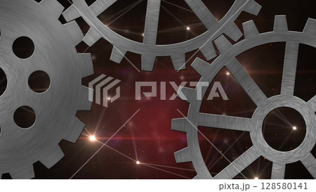 Three interlocking metallic gears rotating in flat design over cosmic network backdrop, technology 128580141