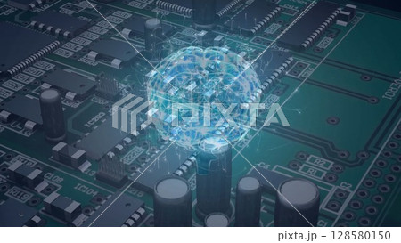 3D-rendered holographic brain is hovering above green PCB with capacitors and ICs, technology theme 3D-rendered holographic brain is hovering above green PCB with capacitors and ICs, technology theme 128580150