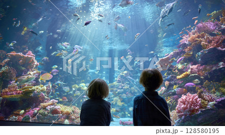 A captivating view of a large aquarium where two silhouetted figures stand in awe, observing a magnificent coral reef teeming with diverse and colorful fish. Perfect for themes of wonder, discovery, 128580195