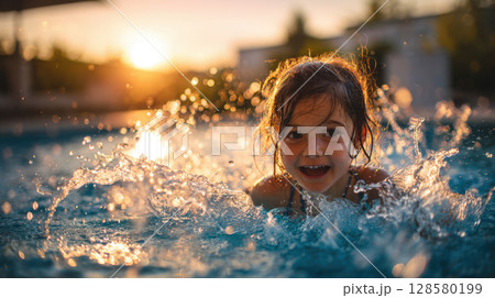 Cheerful child splashing and laughing in a swimming pool during sunset. Perfect for themes of summer fun, childhood joy, holidays, and water activities 128580199