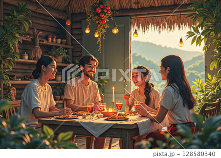 Dinner with friends. A fun atmosphere for a romantic candlelit dinner. Dinner with friends. A fun atmosphere for a romantic candlelit dinner. 128580340