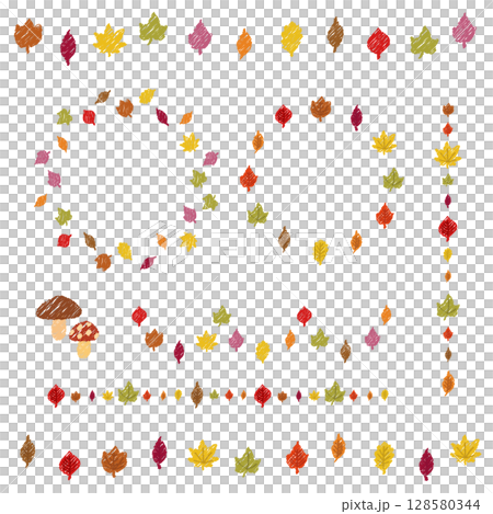 紅葉のフレーム　秋の葉のリース　ラインデコレーションのセット　ベクターイラスト　手描き風 128580344