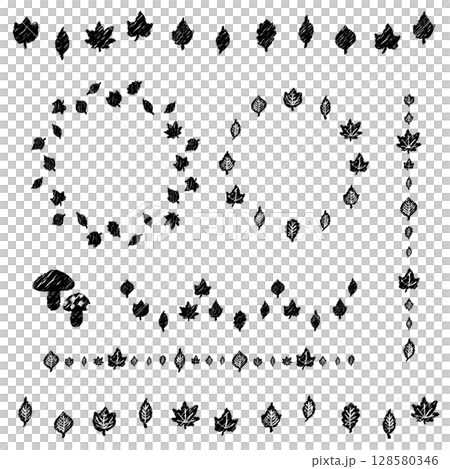 紅葉のフレーム　秋の葉のリース　ラインデコレーションのセット　ベクターイラスト　手描き風 128580346