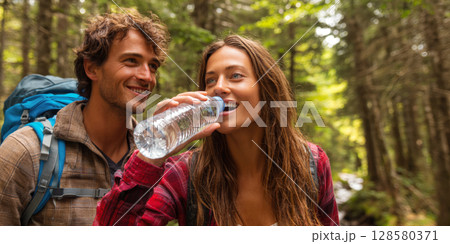 Two joyful hikers taking a refreshing water break in a vibrant green forest, symbolizing healthy living, outdoor adventure, and the importance of hydration during nature exploration 128580371