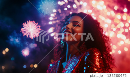 Joyful Woman Enjoying Fireworks at a Festive Event 128580473